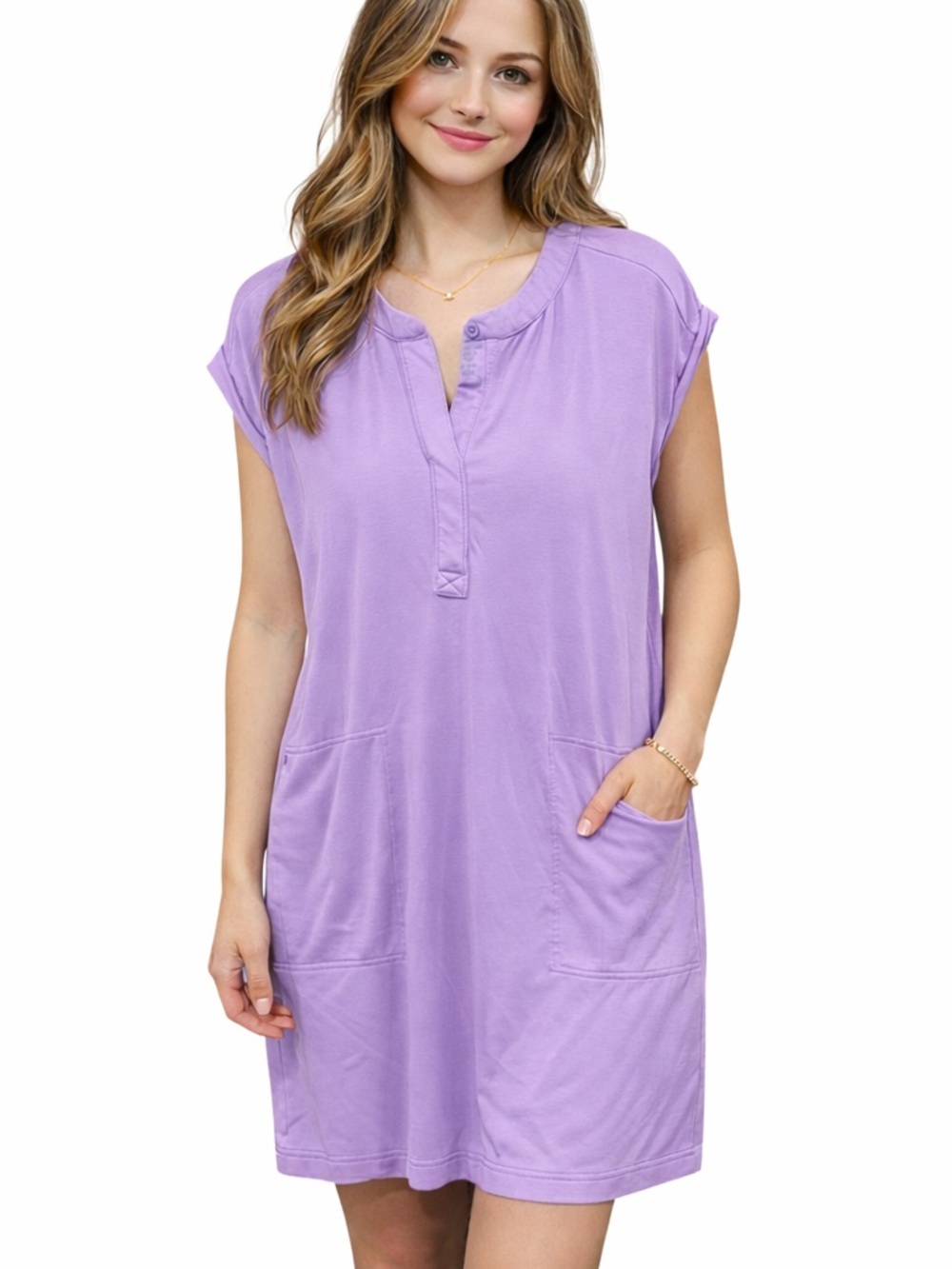 Lou & Grey Signaturesoft Henley Pocket Dress Pastel Lavender Womens Size Small